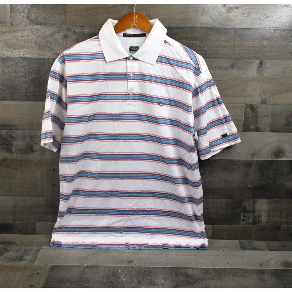 Nike Tiger Woods Polo Shirt Mens Medium White Striped Golf FitDry TW